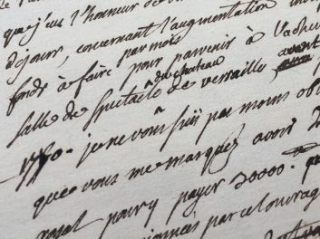 Handschrift, Manuskript, Manuscrit: unter Ludwig XV., König von Frankreich und Navarra (sous Louis XV, Roi de France et de Navarre), Abel-François Poisson de Vandières, marquis de Marigny, directeur général des bâtiments du Roi Louis XV et frère de la Marquise de Pompadour, Marquis de Marigny, Direktor der königlichen Bauten, Bau und Fertigstellung der königlichen Oper des Schlosses von Versailles bis zum Frühjahr 1770 (Hochzeit von Ludwig August von Frankreich, künftiger Ludwig XVI. mit Marie Antoinette), l'achèvement de la salle de spectacle du Château de Versailles (l'Opéra Royal du Château de Versailles) avant le printemps de 1770 (mariage de Louis-Auguste de France, future Louis XVI, avec Marie-Antoinette d'Autriche), 1768