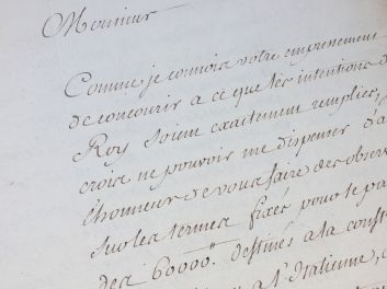 Handschrift, Manuskript, Manuscrit: unter Ludwig XV., König von Frankreich und Navarra (sous Louis XV, Roi de France et de Navarre), Abel-François Poisson de Vandières, marquis de Marigny, directeur général des bâtiments du Roi Louis XV et frère de la Marquise de Pompadour: Brief an den Herzog von Praslin bezüglich der Errichtung italienischer Pavillons am Schloss Saint-Hubert, Lettre  au duc de Praslin au sujet de la construction des pavillons à l'italienne du château de Saint-Hubert (au Perray en Yvelines, domaine royal) sous la direction du premier architecte du Roi Ange-Jacques Gabriel, 1763