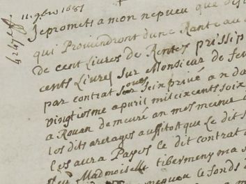 Handschrift, Manuskript, Manuscrit: Alphonse de Gueriboult, Marquis de Favery, sieur de Feugerolles, Mademoiselle de Tibermeny, der Marquid de Favery bestätigt, dass er seinem Neffen die ausstehenden Beträge einer Rente zahlt (erhalten in doppelter Ausführung), Promesse de payer à son neveu les arriérages d'une rente due par lui par le sire de Feugerolles (fait double), 1681