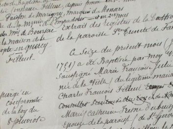 Unter Ludwig XV., König von Frankreich und Navarra (Louis XV, Roi de France et de Navarre), Auszug Taufregister / Extrait de baptème 1751 du registre de catholicité de la paroisse Sainte Trinité de Falaise, Marie-Françoise-Julie-Constance-Filleul (fille de Louis XV)/ Abel François Poisson Marigny (frère de Madame de Pompadour), 1751 / Abschrift (copie) um 1795