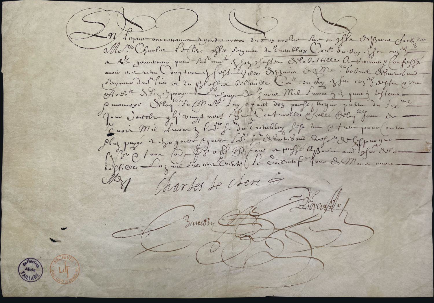 Manuscrit, Handschrift, Dokument: Charles Le Clerc (Leclerc) du Tremblay – Quittance du capitaine et gouverneur de la Bastille, Paris, entre (zwischen) 1629 et 1648