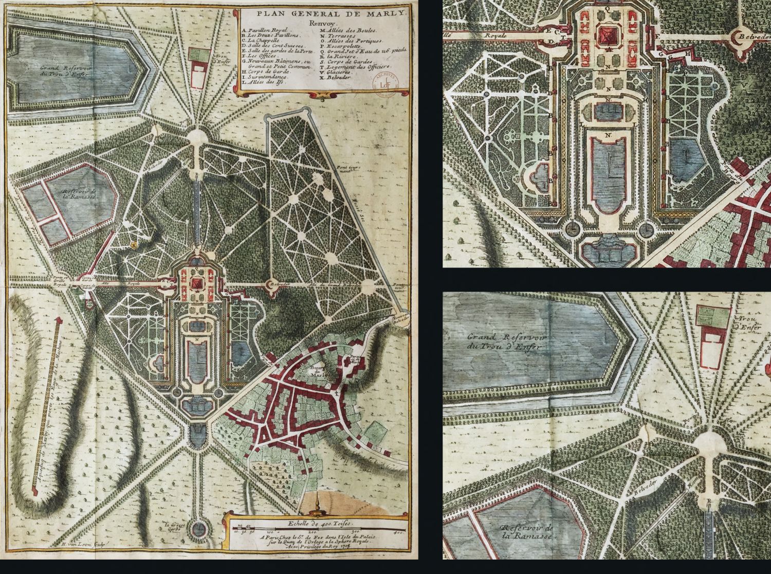 Handcolorierte Druckgrafik, Engraving, Print, Gravure, Dokument: Historischer Gesamtplan des Château de Marly mit Schlossanlage, Pavillons, Gartenparterres, Wasserreservoirs und dem Aquädukt von Louveciennes, Nicolas de Fer, um 1705