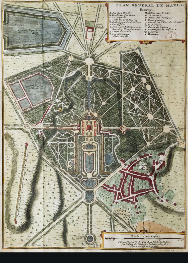 Handcolorierte Druckgrafik, Engraving, Print, Gravure, Dokument: Historischer Gesamtplan des Château de Marly mit Schlossanlage, Pavillons, Gartenparterres, Wasserreservoirs und dem Aquädukt von Louveciennes, Nicolas de Fer, um 1705