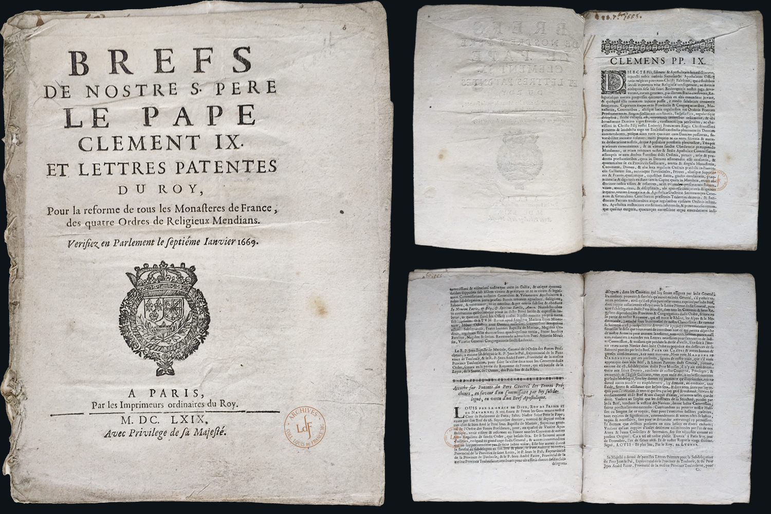 Päpstliches Breve von Clemens IX. an Louis XIV. und lettres patentes des Königs bezüglich der Reform aller französichen Klöster der vier Bettelorden / Bref pontifical de Clément IX à Louis XIV et lettres patentes du roi concernant la réforme de tous les monastères français des quatre ordres mendiants / Papal breve from Clement IX to Louis XIV and lettres patentes from the king concerning the reform of all French monasteries of the four mendicant orders. - 1668