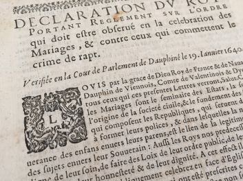 Louis XIII (Ludwig XIII.), königliche Deklaration, Déclaration du Roy, Portant reglement sur l'ordre qui doit estre observé en la célébration des mariages & contre ceux qui commettent le crime de rapt, 1640