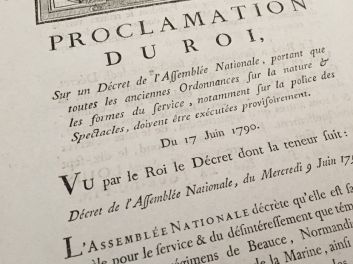 Louis XVI (Ludwig XVI.), konstitutionelle Monarchie, Französische Revolution, Proclamation du Roi, sur un Décret de l'Assemblée Nationale, portant que toutes les anciennes Ordonnances sur la nature et les formes du service, notamment sur la Police des Spectacles, doivent être exécutées provisoirement, 1790