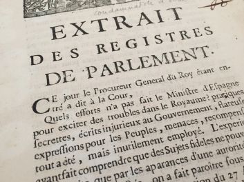 unter Louis XV (Ludwig XV.), Philippe de France, Felipe V de España, Philippe II. d'Orléans, Verurteilung einer unter dem Namen des spanischen Königs veröffentlichen Deklaration, Extrait des Registres de Parlement: Condamnation d'une Déclaration sous le nom du Roy d'Espagne - 1719