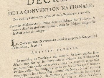 Revolution, nach Louis XVI (Ludwig XVI.), Dekret Nationalkonvent, Décret de la Convention nationale: Vente du Mobilier qui se trouve dans le Château des Tuileries, Maisons Religieuses et Emigrés, Dekret des Nationalkonvents: Verkauf des Inventars das im Tuilerienpalast gefunden wurde, 1792