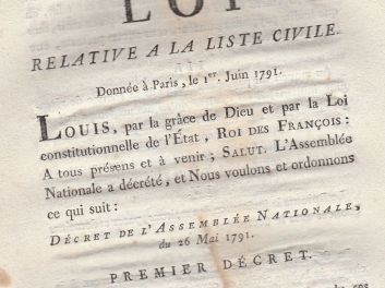 Französische Revolution (Révolution Française), unter Ludwig XVI., König der Franzosen (sous Louis XVI, Roi des François), konstitutionelle Monarchie (monarchie constitutionelle), Gesetz Nr. 953 bezüglich der Zivilliste des Königs (Loi N° 953 relative à la Liste Civile du Roi), 1790