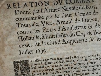 Louis XIV (Ludwig XIV.), Marine: Relation du Combat donné par l'Armée Navale du Roy, commandée par le sieur Comte de Tourville, Vice-Amiral de France, contre les Flotes d'Angleterre & de Hollande, à huit lieües du Cap Bevezièr (Beachy Head), sur la côte d'Angleterre, le 10. Juillet 1690, Pfälzischer Erbfolgekrieg, Linienschiff 1. Rang, Flaggschiff Soleil Royal (Vaisseau du Ligne, premier Rang, Le Soleil Royal)