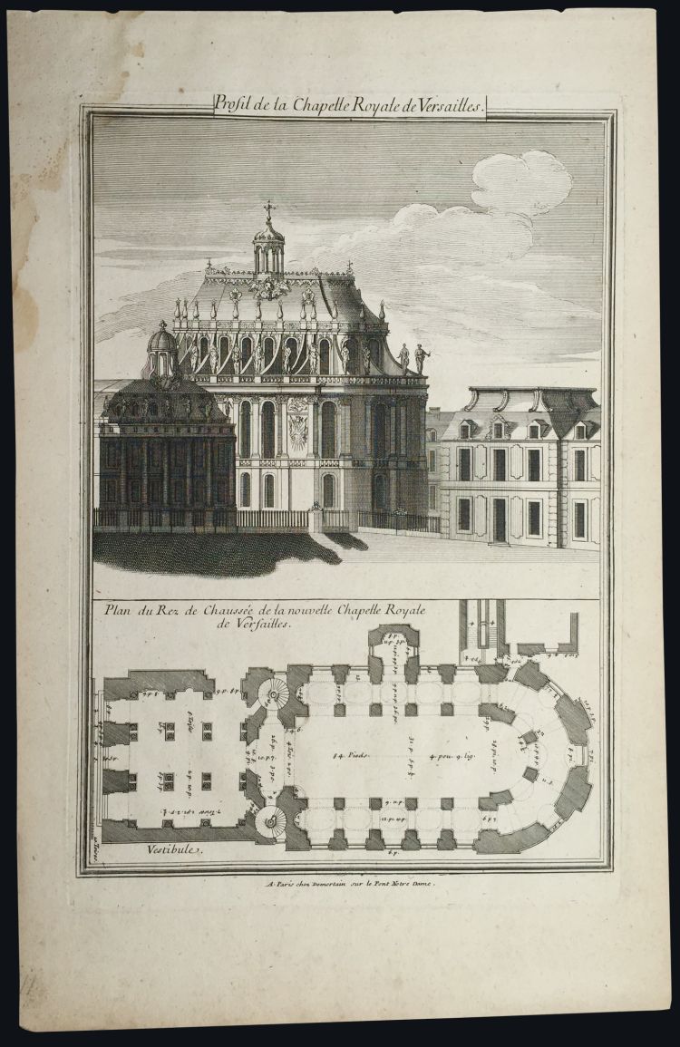 Druckgrafik / gravure sur cuivre: Pierre Lepautre, Gilles Demortain, Profil de la Chapelle Royale de Versailles. Plan du rez de Chaussee de la nouvelle Chapelle Royale de Versailles. Vedute und Grundriss der Schlosskapelle von Versailles. Einzelblatt aus dem Werk: Les Plans, coupes, profils et elevations de la Chapelle du Chasteau Royale de Versailles. Paris, 1715-1716