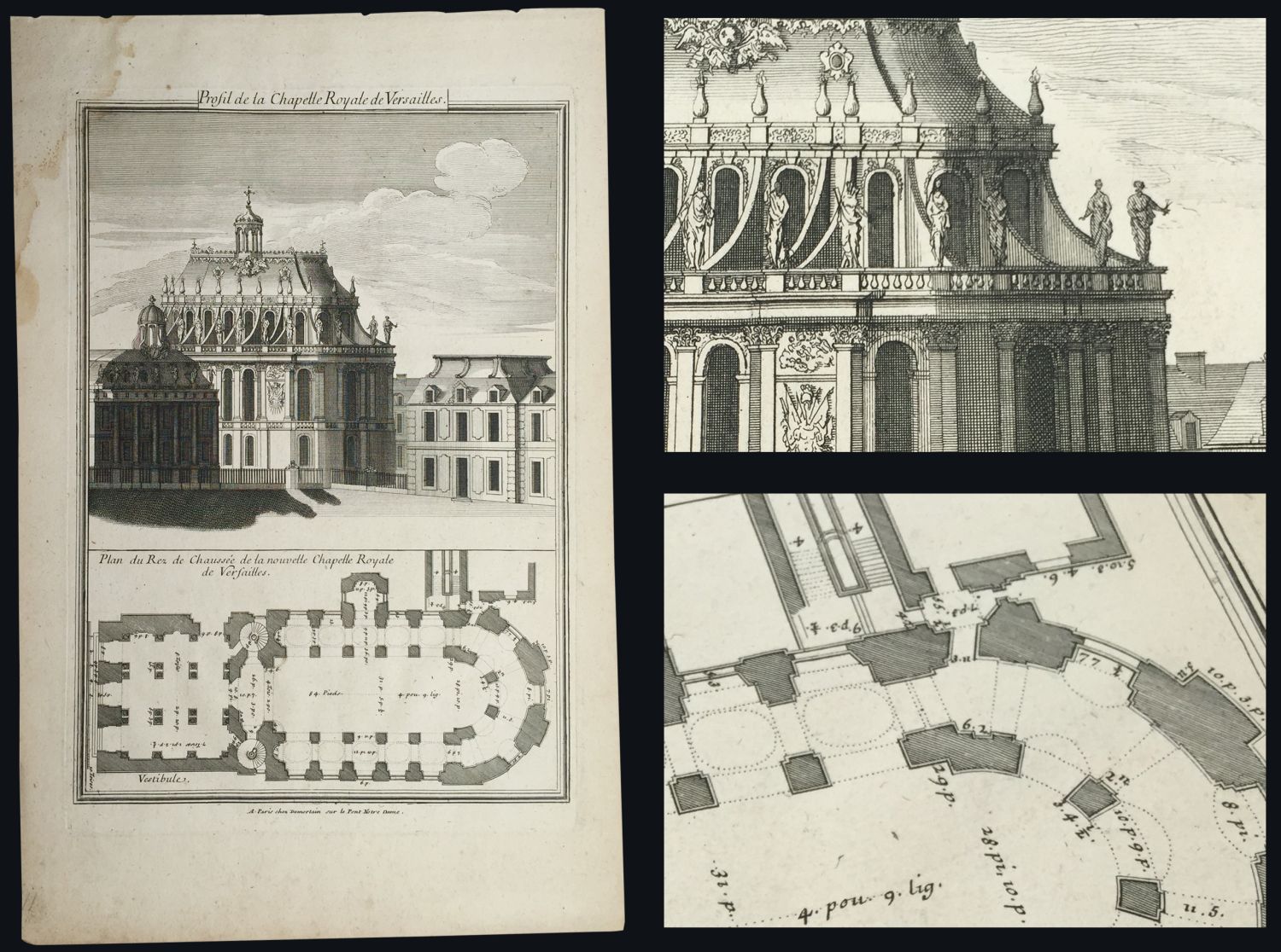 Druckgrafik / gravure sur cuivre: Pierre Lepautre, Gilles Demortain, Profil de la Chapelle Royale de Versailles. Plan du rez de Chaussee de la nouvelle Chapelle Royale de Versailles. Vedute und Grundriss der Schlosskapelle von Versailles. Einzelblatt aus dem Werk: Les Plans, coupes, profils et elevations de la Chapelle du Chasteau Royale de Versailles. Paris, 1715-1716