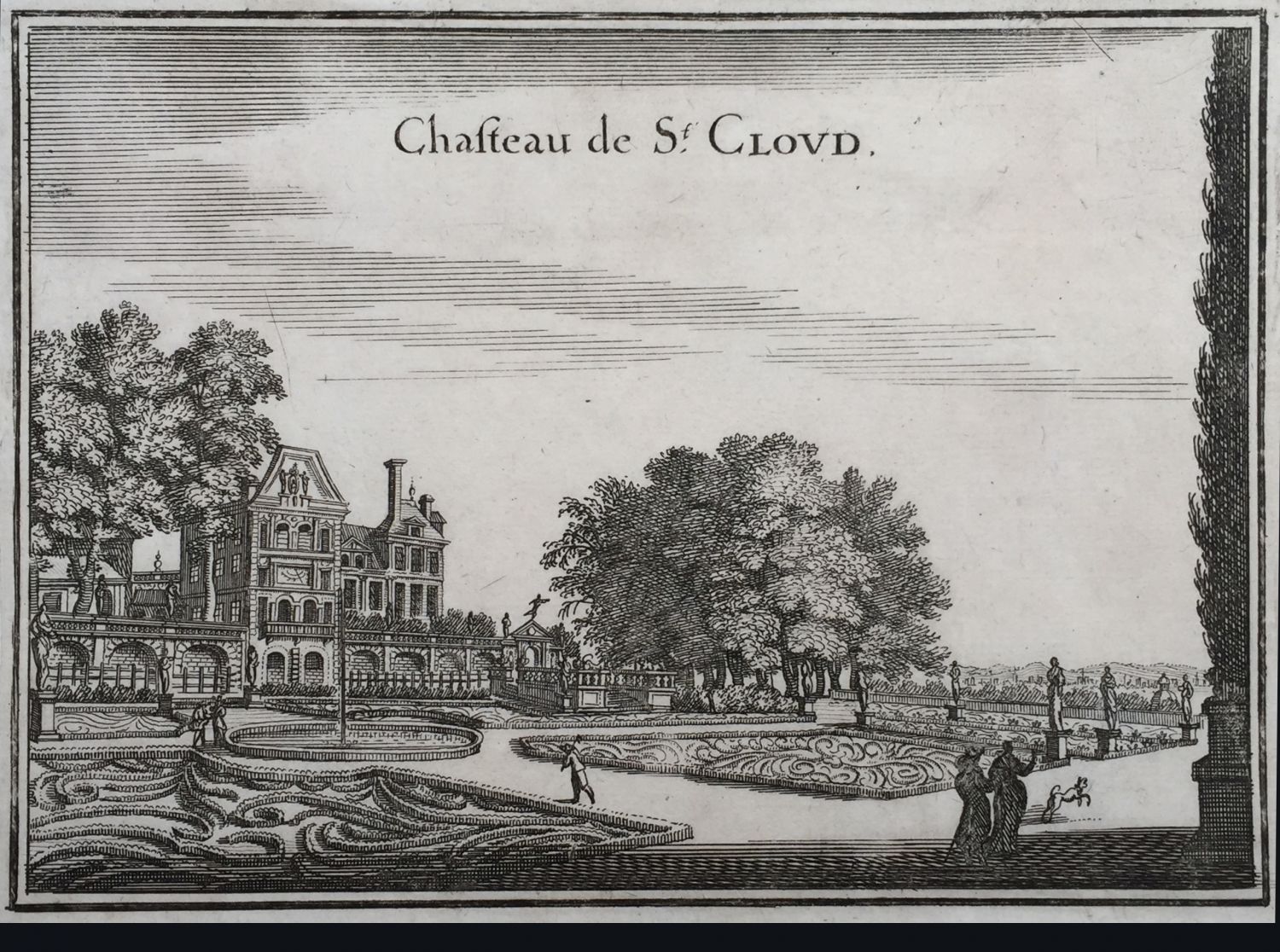 Druckgrafik / gravure sur cuivre: Vedute der Maison de Gondi (Chasteau de St. Cloud), dem späteren Chateau de Saint-Cloud aus der Topographia Galliae von Caspar Merian. Kupferstich nach der Zeichnung „Maison de l’archevêque de Paris à Saint-Cloud“ von Israël Silvestre, 1655 bis 1661.